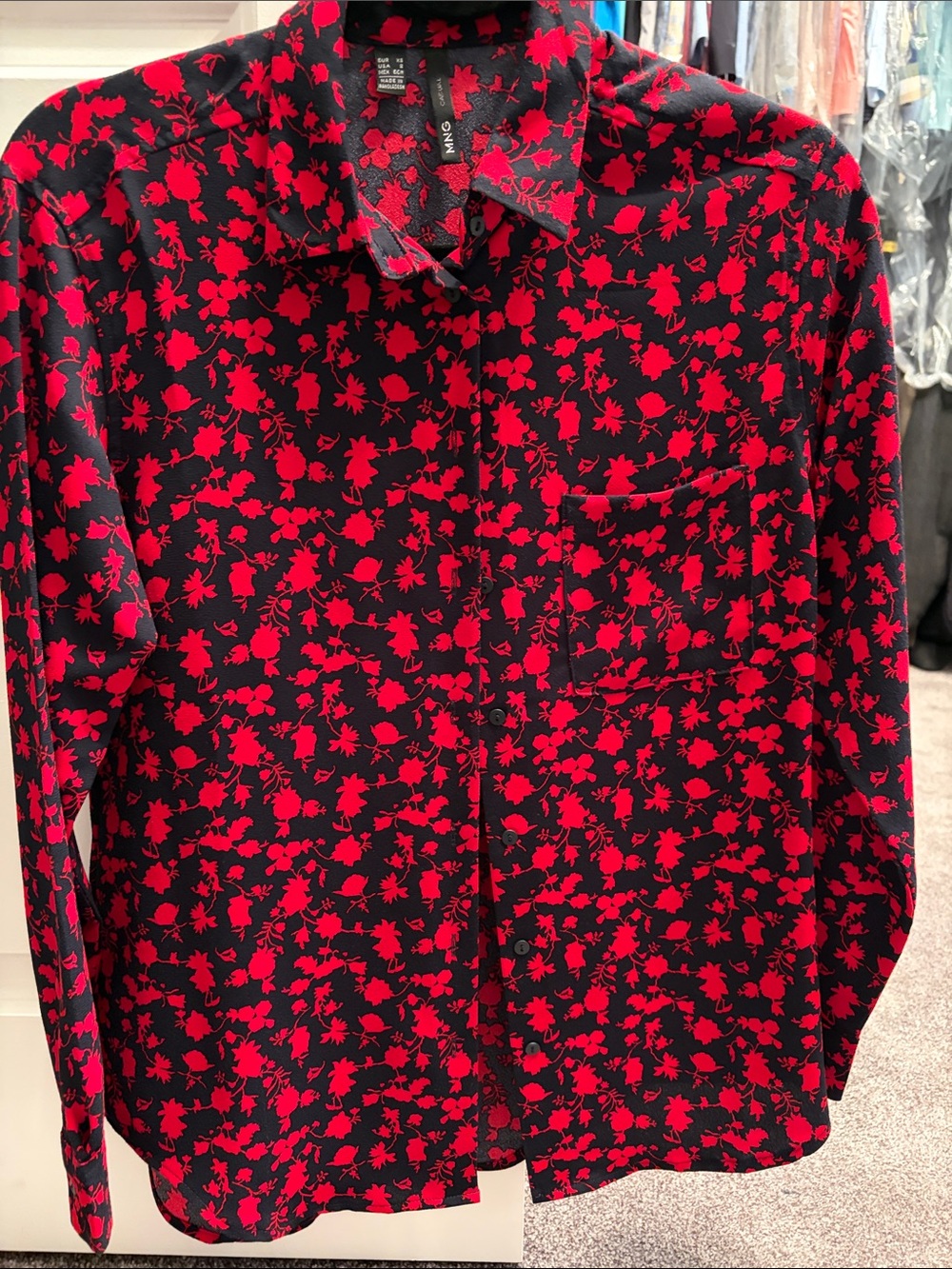 Mango Black Blouse with Red Floral Print